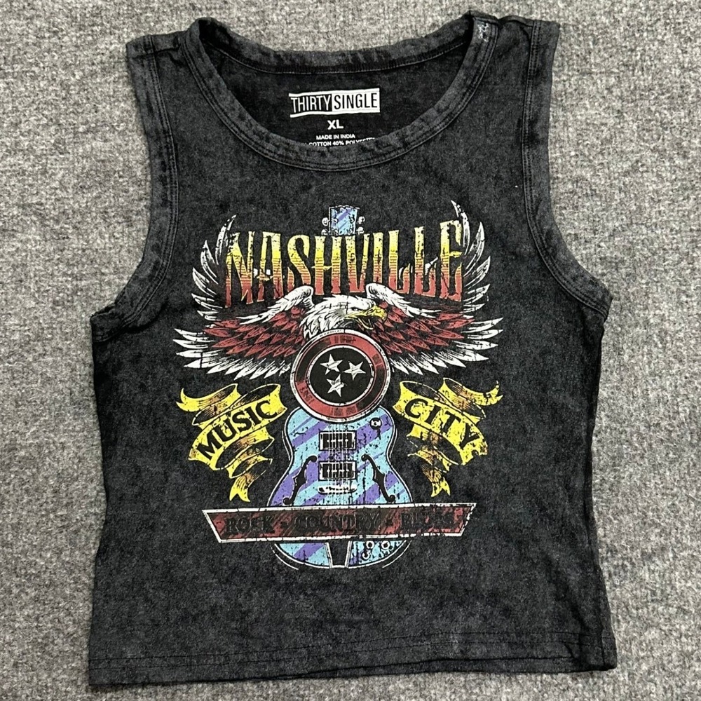 Thirty Single Tank Top Womens Size XL Black Acid Wash Nashville Graphic Crop Tee